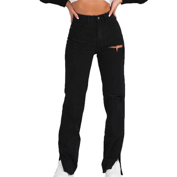Bigersell Low Waisted Jeans Jean Shorts Clearance Stretchy Jeans Woman Ankle Leg Denim Pants Button Closure Distressed Female Boot Cut Jeans Straight High Waist Cropped Pants Style J-133 Black M