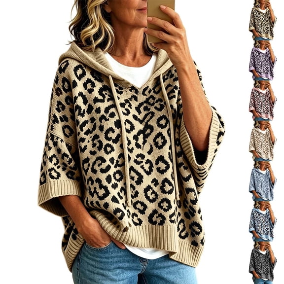 KHONTS 3/4 Sleeve Leopard Sweaters for Women Lightweight Pullover Sweater Hoodie Casual Loose Drawstring Oversized Fall Outfits Sky Blue XL