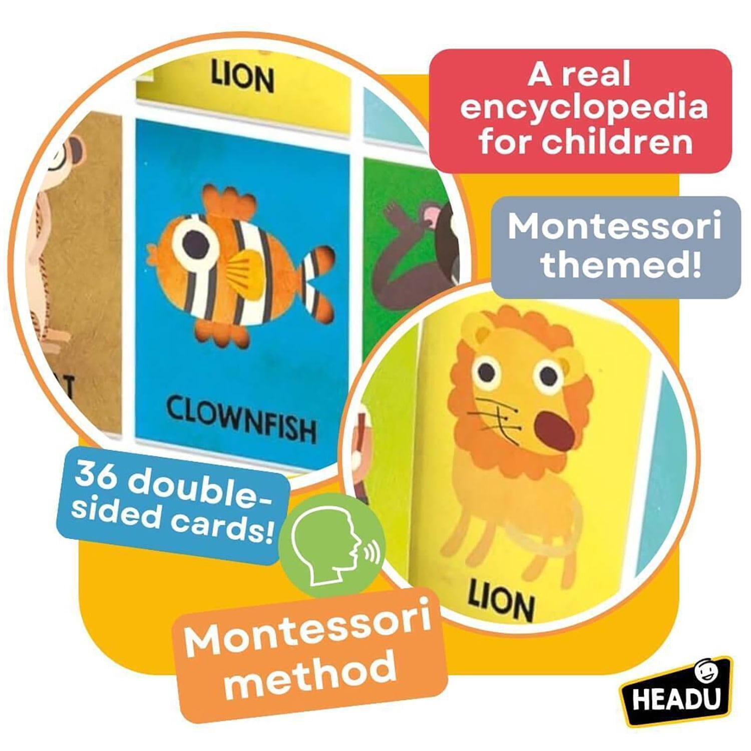 Headu: Montessori Flashcards - First Animal Encyclopedia - Matching Game, Discover Animals & Habitats, Illustrated Cards, Educational Play Toddler 2-4