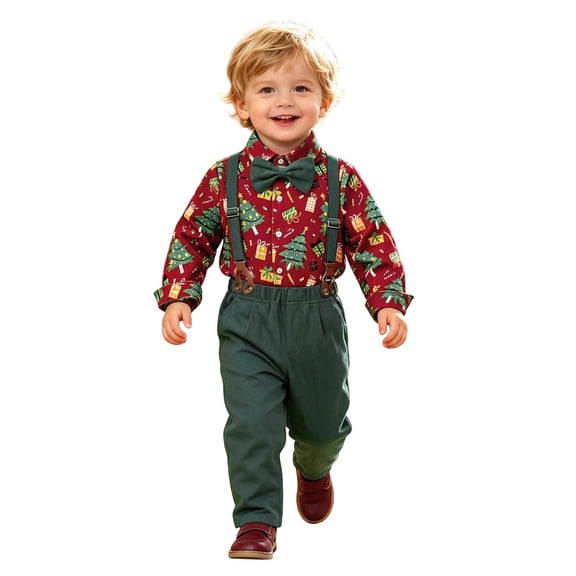 Toddler Boys Long Sleeve Cartoon Print T-Shirt Top with Suspenders Pants Set, Christmas Gentleman Outfit for Kids Formal Occasions
