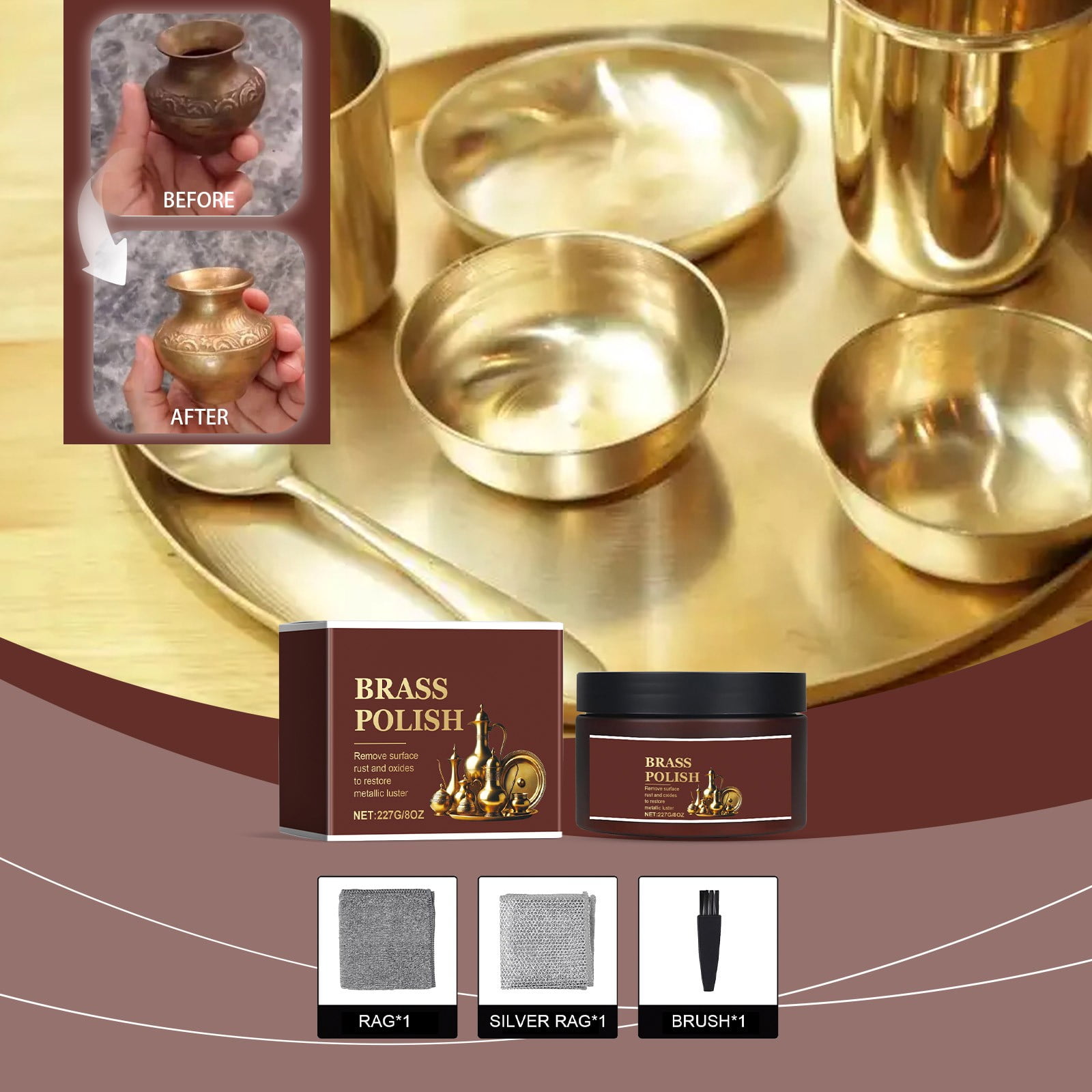Shetay Brass Polish and Cleaner Kits,Removes Dirt, Does Not Scratch, and Maintains Shine, Copper Cleaner,Polishing Cloth, Free Rag & Silver Rag & Brush (1 pcs).
