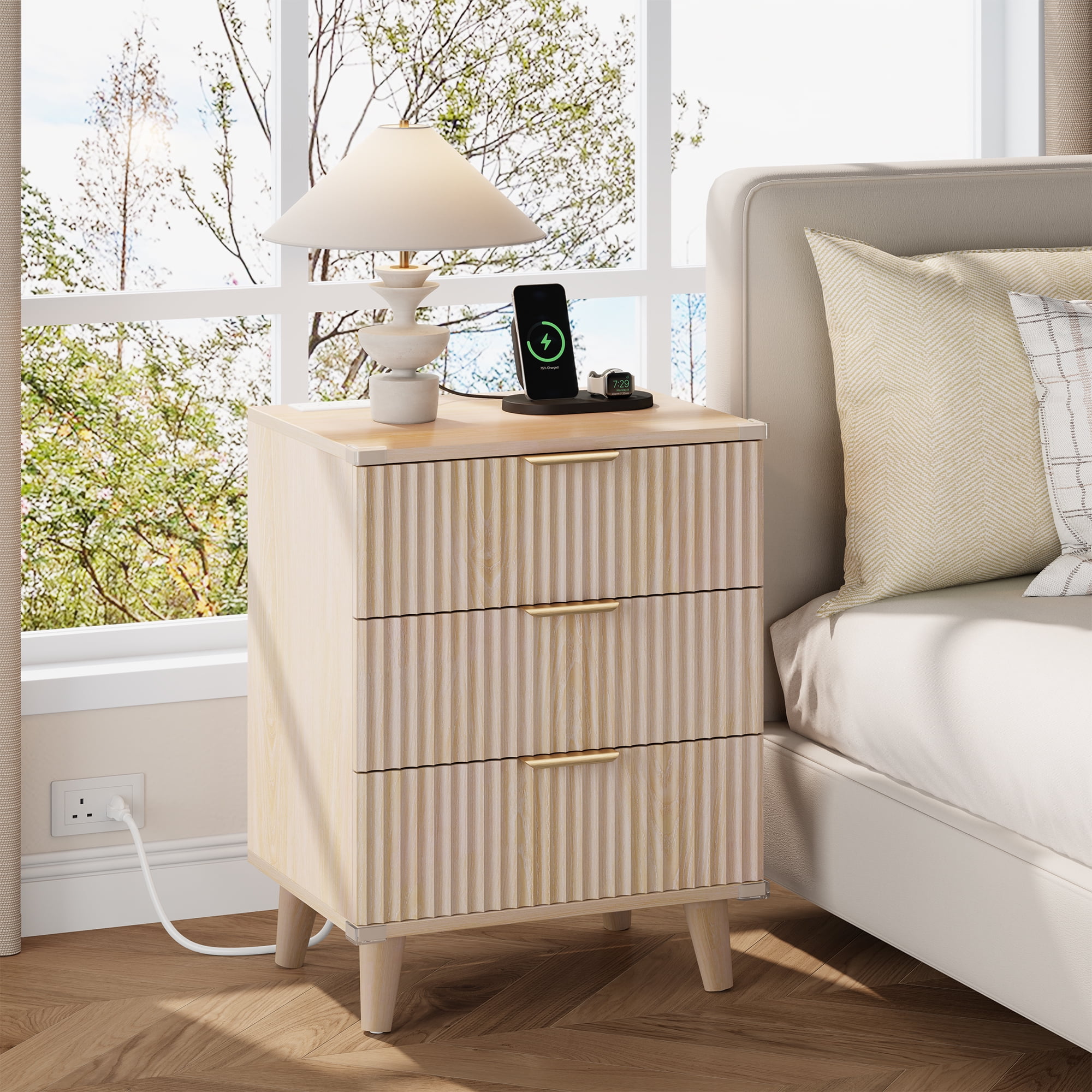 GIKPAL Night Stands for Bedroom, Modern Bedside Table with 3 Drawers & Charging Station,Fluted Panel End Tables for Bedroom & Living Room, Natural