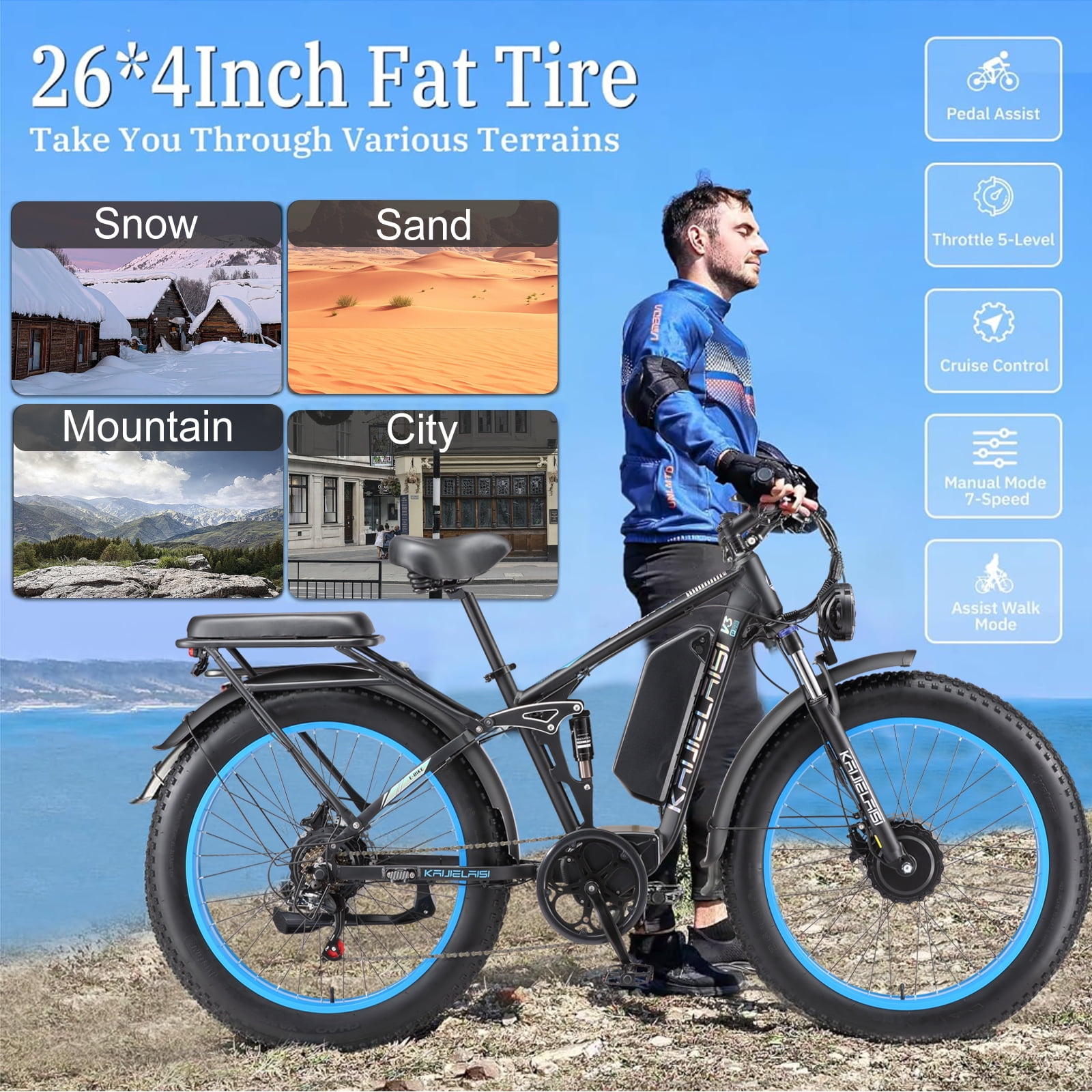 KAIJIELAISI Electric Bike for Adults Dual Motor AWD Mountain Electric Bicycles 52V 26AH Removable Lithium Battery, 26" 4.0 inch Fat Tire Ebike E-Bike for Adults UL2849.