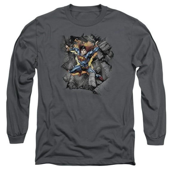 Superman Break On Through Long Sleeve Adult 18/1 T-Shirt Charcoal