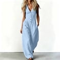 thumbnail image 4 of LEAVINGSUO Jumpsuits for Women Summer Casual Sleeveless V-neck Jumpsuit Button Style Wide Leg Workwear Pocket Jumpsuit Light Blue M, 4 of 5