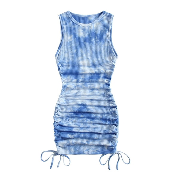 SheIn Women's Ruched Sleeveless Mini Bodycon Dress Drawstring Tie Side Round Neck Short Dresses Blue Tie Dye Medium