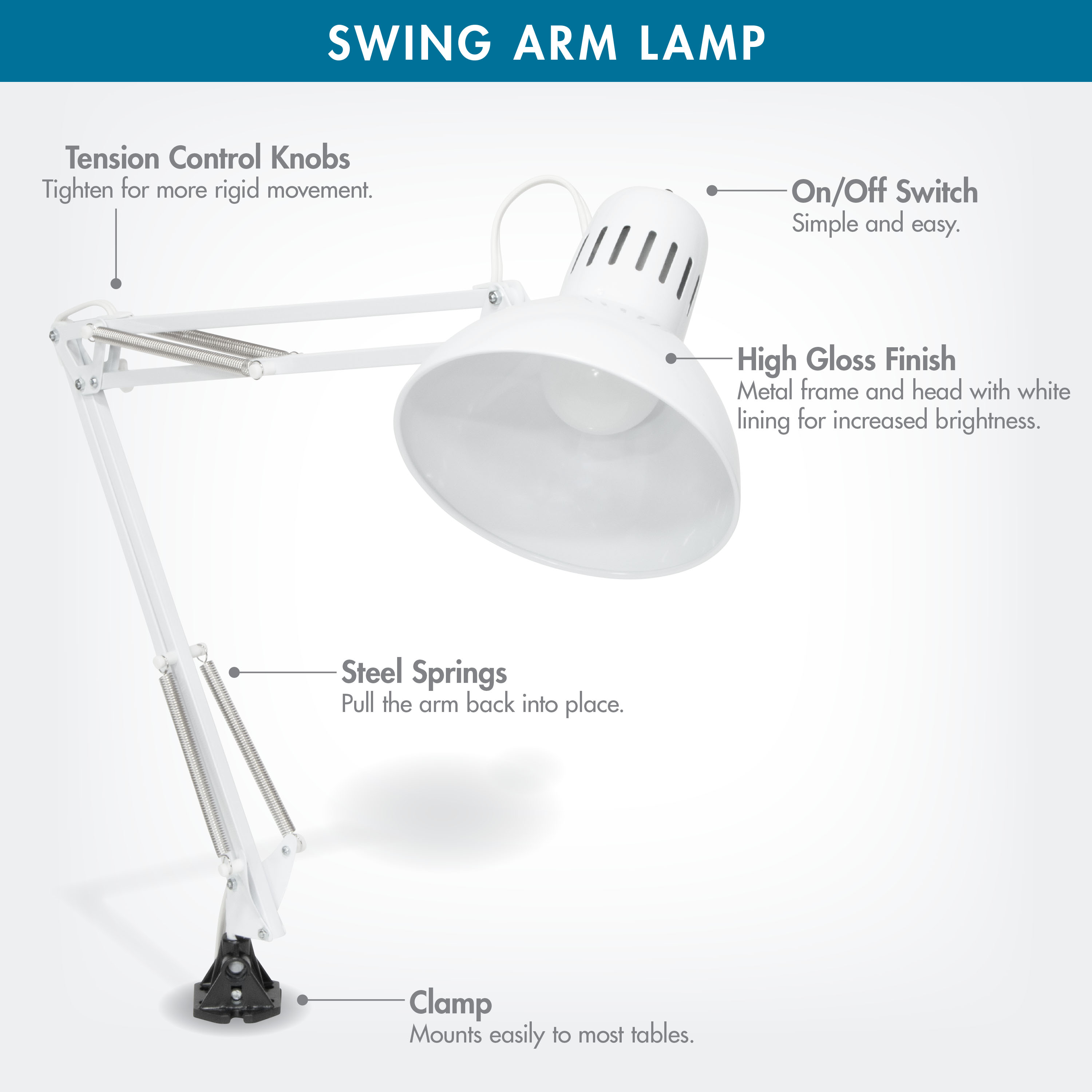 Studio Designs Metal Adjustable Desk Lamp with LED Bulb and Clamp Base