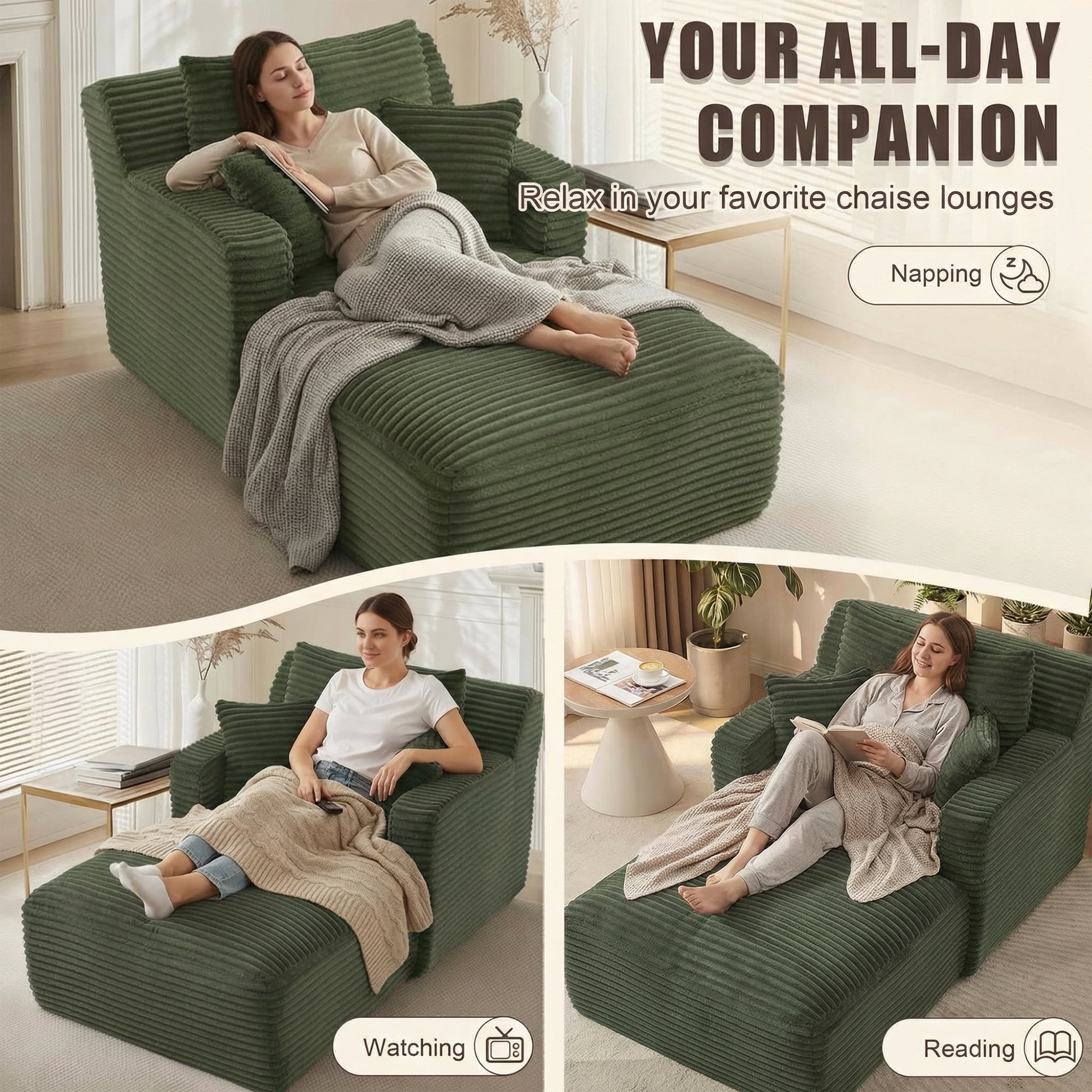 Kosynda 65"D Oversized Chaise Lounge Chair Indoor, Corduroy Upholstered Boneless Sofa Bed with 3 Pillows for Living Room, Green
