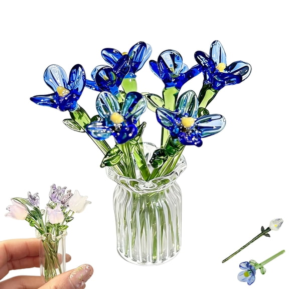 Mini Glass Flowers in Vase,Tiny Glass Flowers in Vase,Miniature Glass Flower with Vase for Women,Cute Small Glass Flower Bouquet for Home Office Table Decor (A)