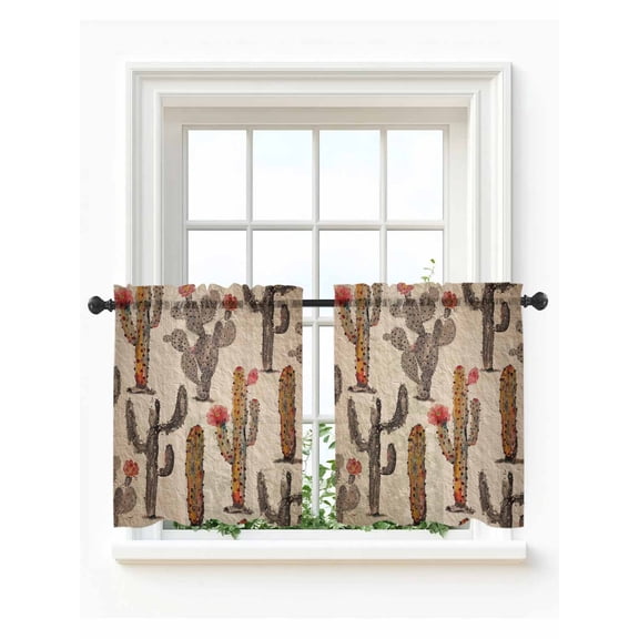 Vintage Cactus Tier Curtains 36 Inch Length,Sheer Curtains for Bedroom Living Room Window Farmhouse Retro Brown Summer Botanical Small Half Window Kitchen Curtains & Drapes 27.5"x36" 2 Panels