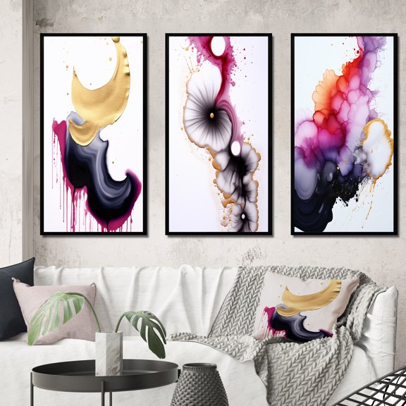 Designart "Ethereal Elegance Magenta Ink Clouds IX" Abstract Painting Framed Wall Art Set Of 3 - Gold Modern Frame Gallery Set For Office Decor