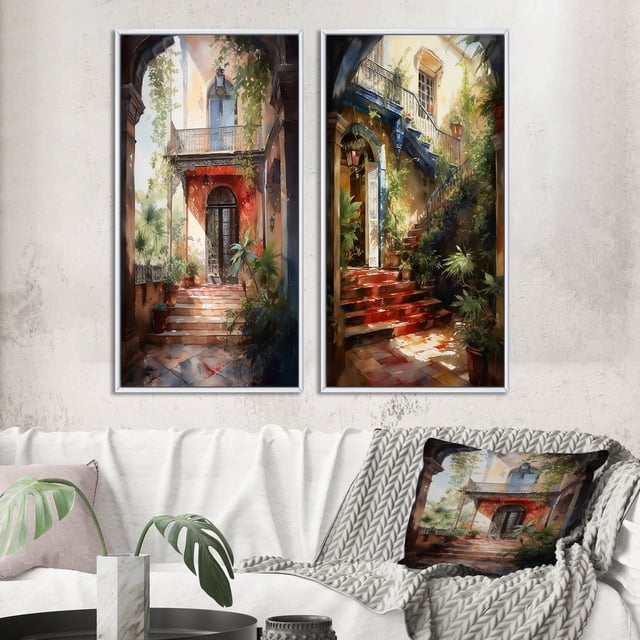 Designart "Country Cottage Entry Rustic Charm II" Farm Framed Wall Art Set Of 2 - Country White Framed Wall Art Set Of 2