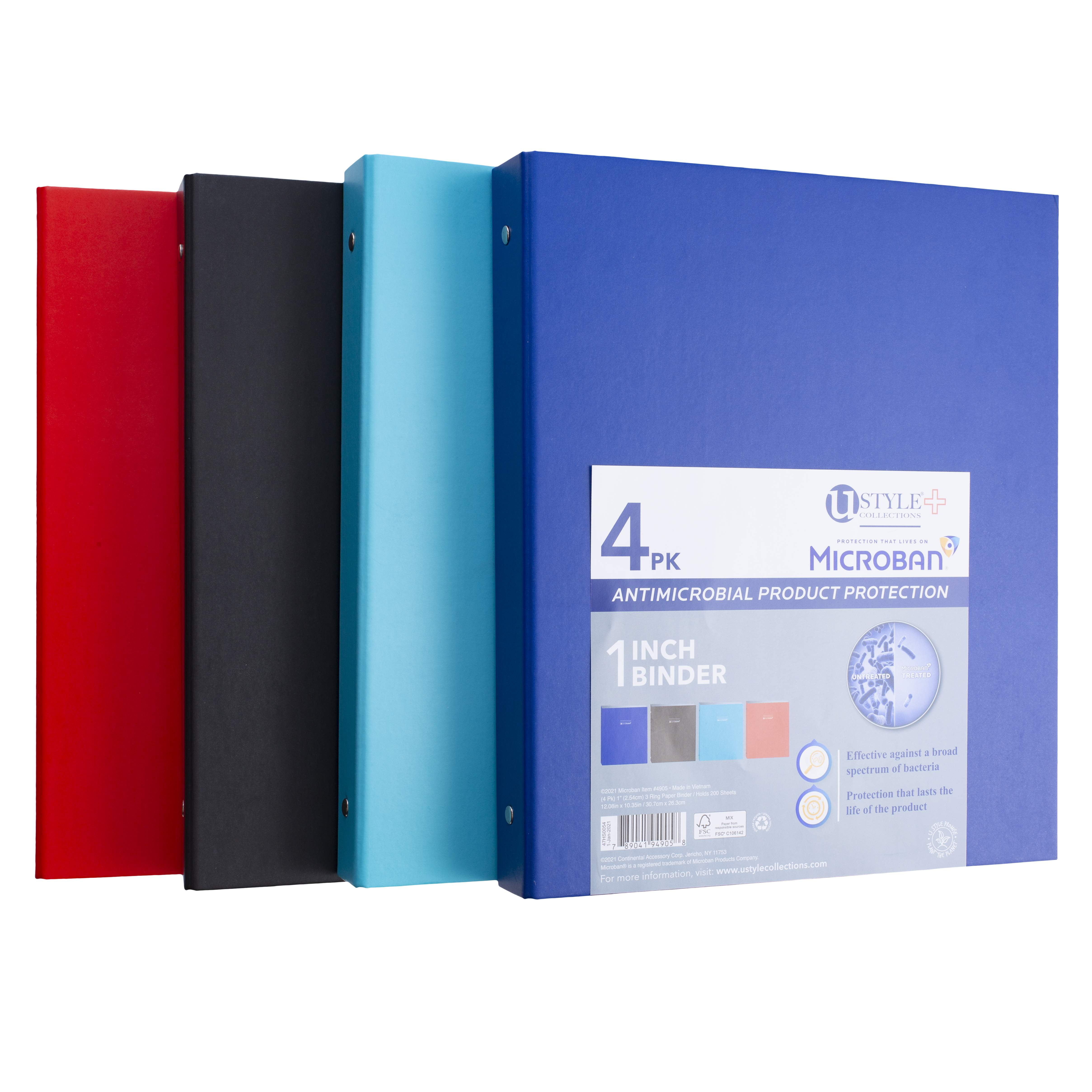 U Style Antimicrobial 3 Ring Binder with Microban®, 1 inch, Assorted, 4 Pk