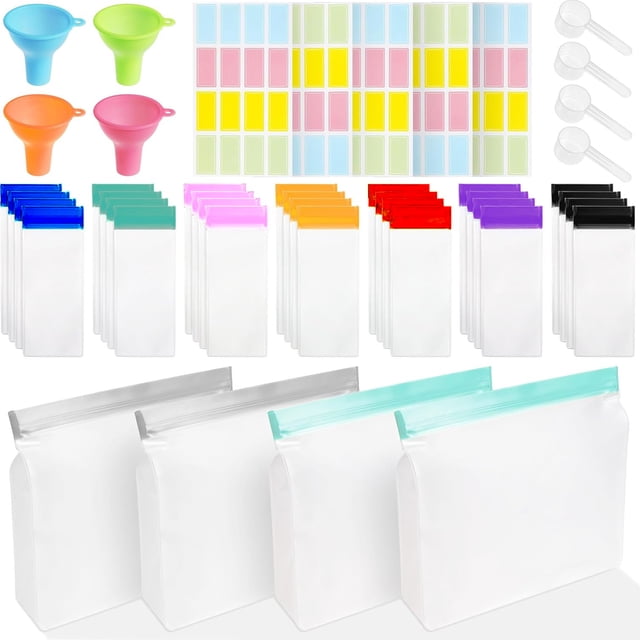 Protein Powder Travel Container Set Reusable Portable Supplement Storage Containers 28 Pcs Single Dose Bags & 4 Pcs Large Zip Bags Funnel Spoon Protein Powder Travel Kit