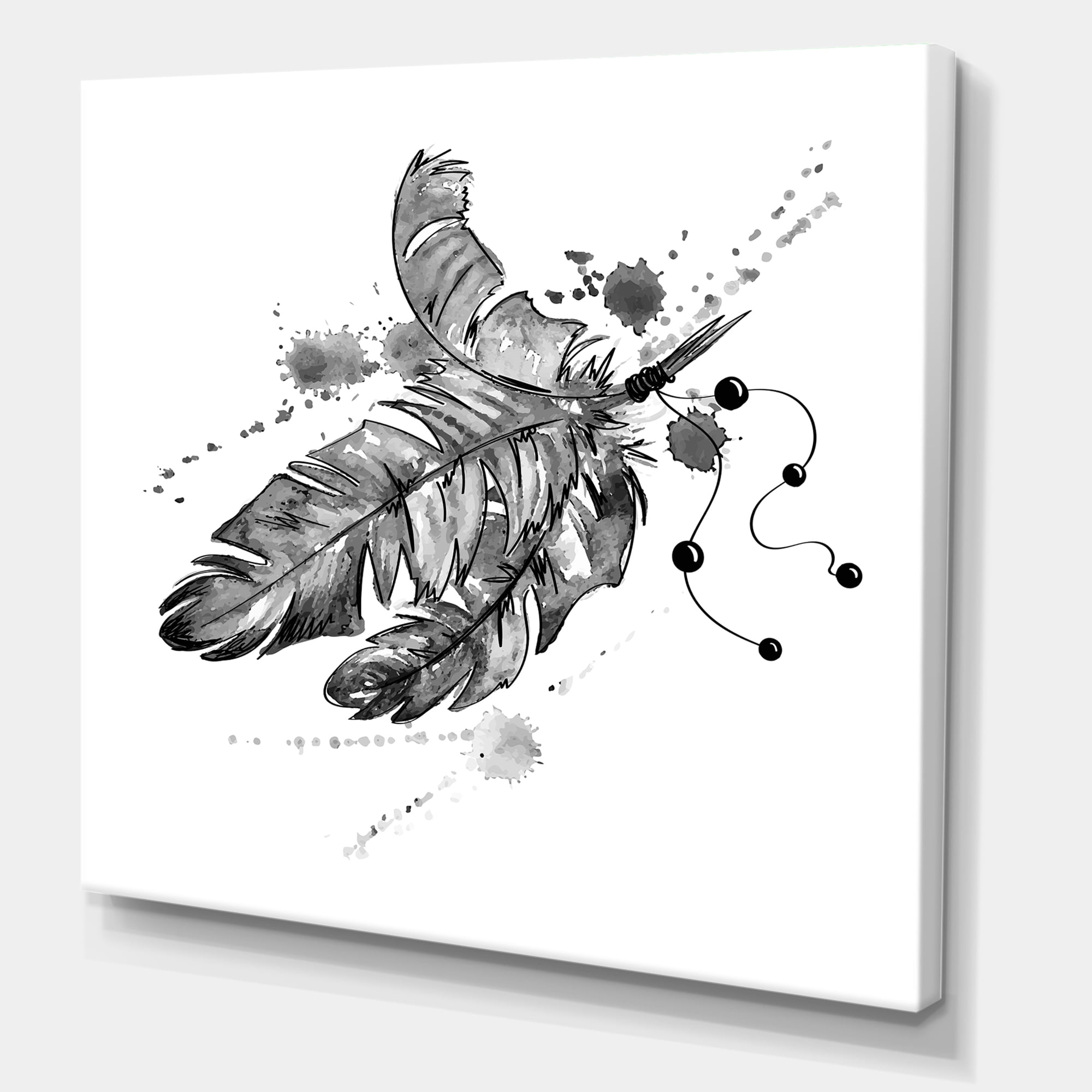 Designart ' Black and White Feathers Impression ' Traditional Canvas Wall Art Print