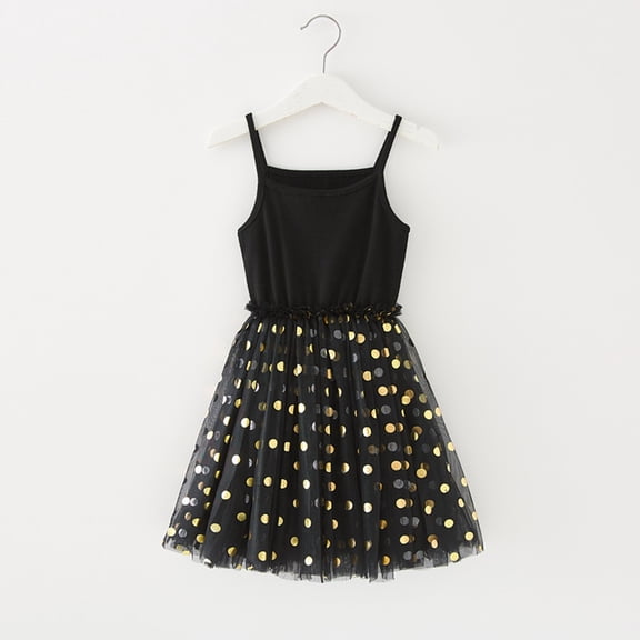Huowey Toddler Girls Dress Spaghetti Strap Sleeveless Patchwork Sequins Polka Dot Tiered Layered Solid Color High Waist Dresses Clothes,Black,12-18 Months
