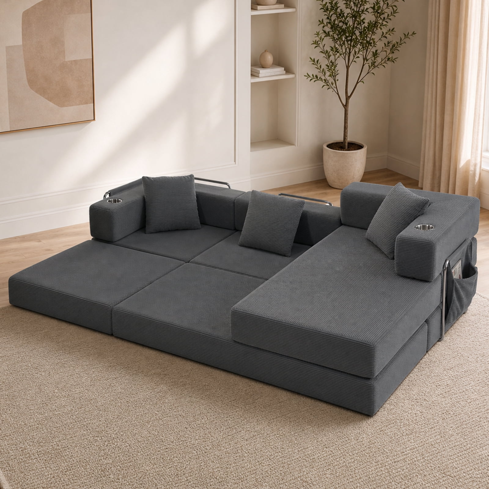 Garitin Sectional Sofa and Modular L Shape Cloud Couch 108 Inch, Boneless Deep Seat Corduroy Living Room Furniture, Gray