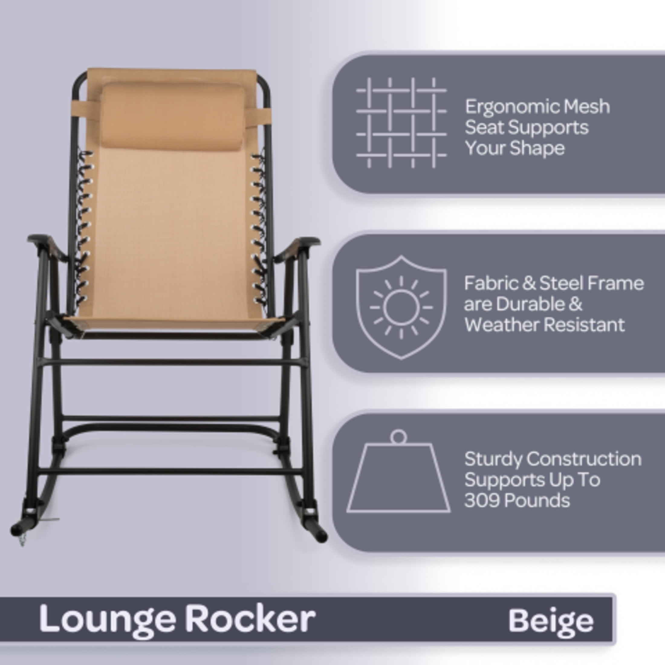 Lavish Home Outdoor Rocking Chair – Foldable Camping Chair with Pillow, Bungee Support and 309 lbs Capacity, Beige