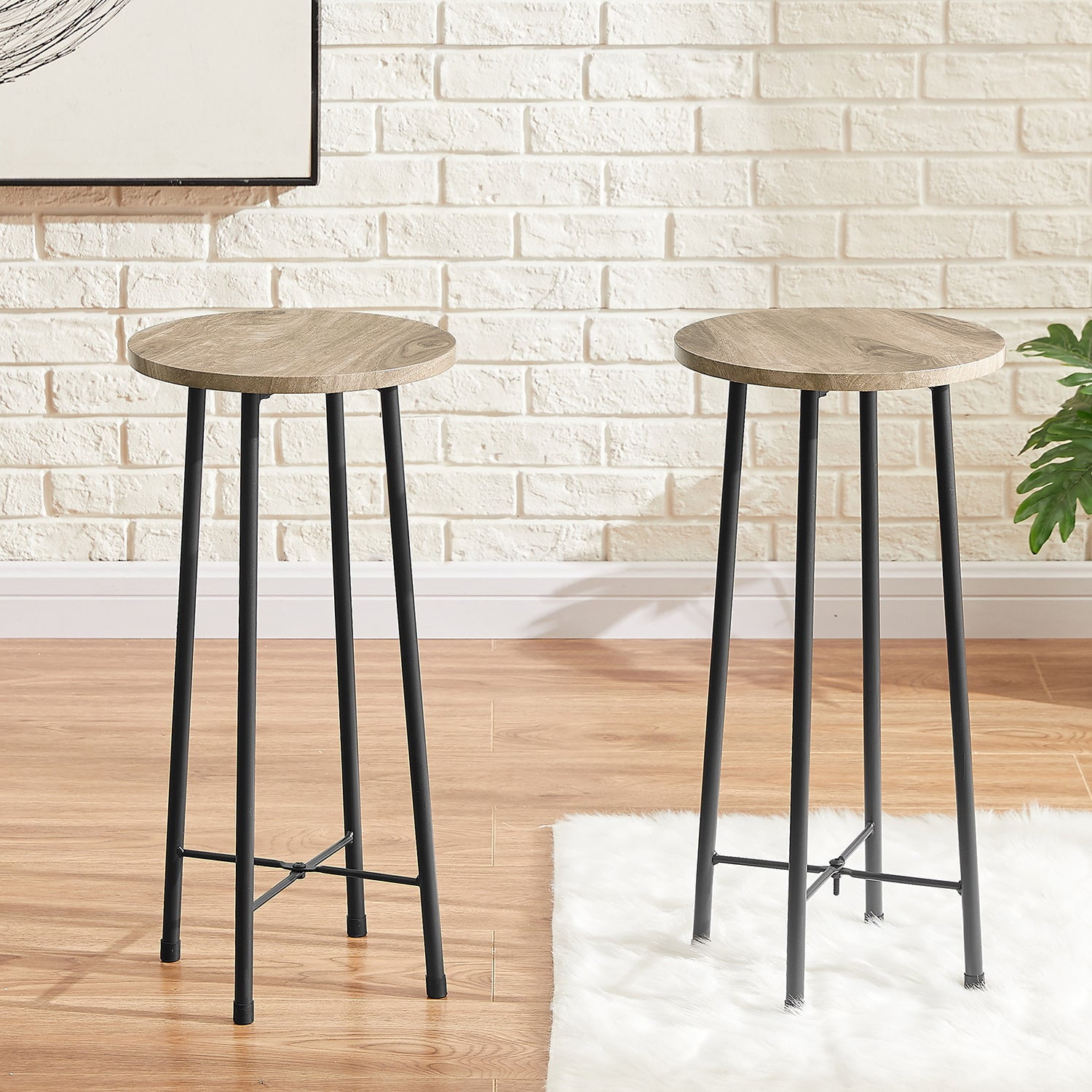 VECELO Bar Stools Set of 2, Industrial Wooden Bar Chairs with Metal