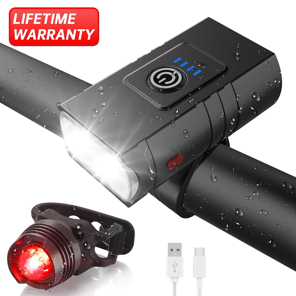 USB Rechargeable LED Bike Front Light Headlamp Rear Taillight Waterproof 3 Modes 