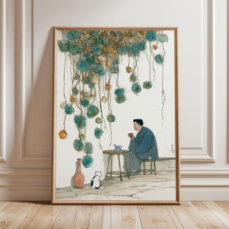 Chinese Watercolor Tea Art Scholar and Cat Painting Oriental Wall Art Traditional Ink Wash Print Zen Home Decor Poster wall art home decor art print Unique Decorative Poster Unframed 24x36