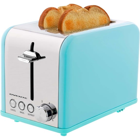 OVENTE 2-Slice Electric Toaster, 825W with 6 Browning Settings, Bagel, Defrost, Cancel Functions, Extra-Wide Slots, Stainless Steel Retro Countertop Toaster, Turquoise TS2450T