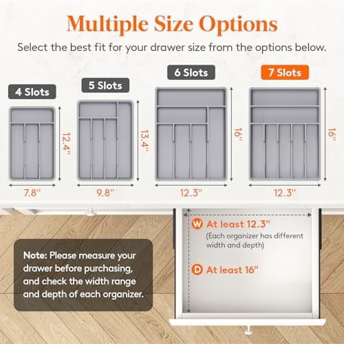 Silverware Drawer Organizer Tray, Plastic Cutlery Storage for Kitchen, Flatware and Utensil Holder Divider for Spoons Forks Knives Tableware, 12.3 x 16", 7 Slots, Gray