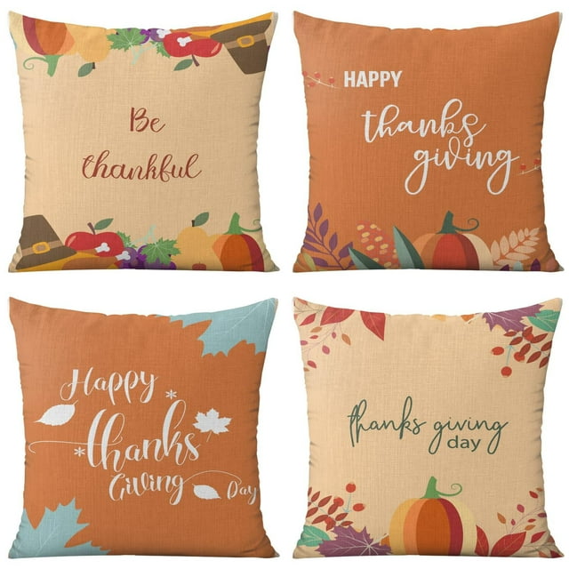Be Thanksful Fall Harvest Throw Pillow Covers Set Of 4, Linen Fall Leaves Cushion Covers Linen Study Sofa Cushion Cover