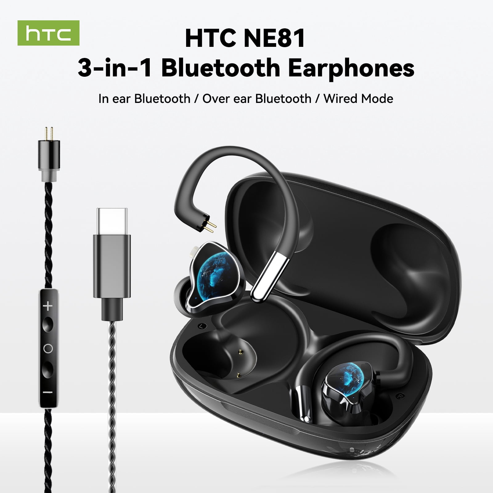 HTC Earbuds 3 in 1 Detachable Earbuds In-Ear/Over-Ear/Wired Headphones with ANC Noise Canceling Bluetooth Multipoint Connection