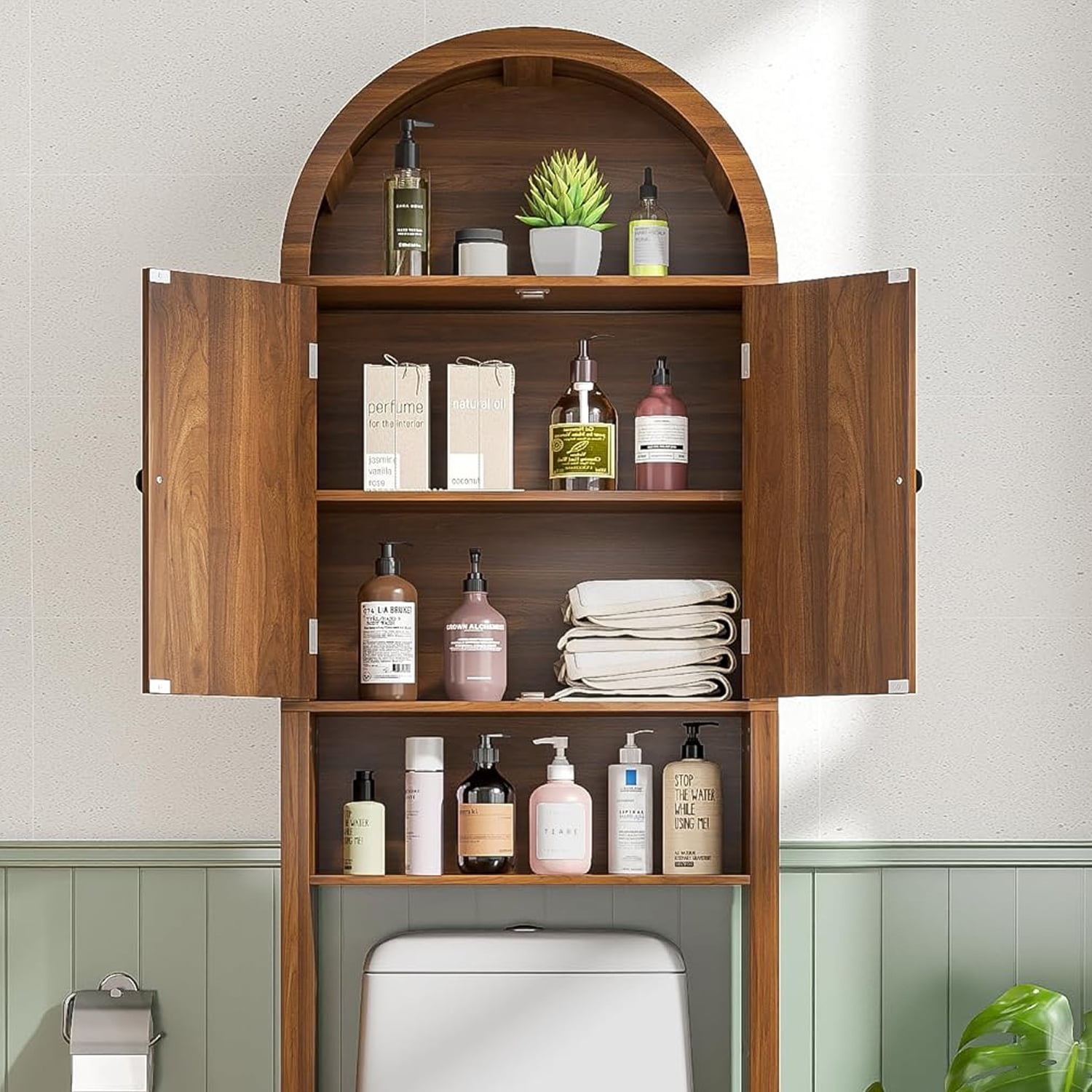 Over The Toilet Storage Cabinet, Arched Cabinet Shelf Organizer with Adjustable Shelves and Fluted Doors, Walnut
