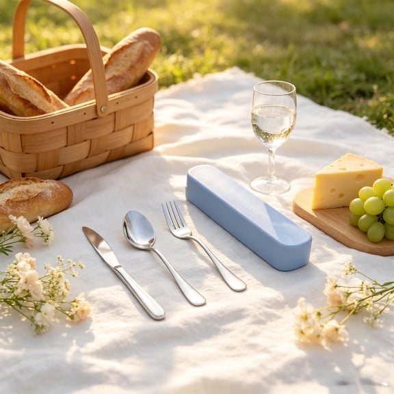 Stainless Steel Travel Cutlery Set Reusable Flatware With Portable Storage Case For Office Lunch Camping Blue