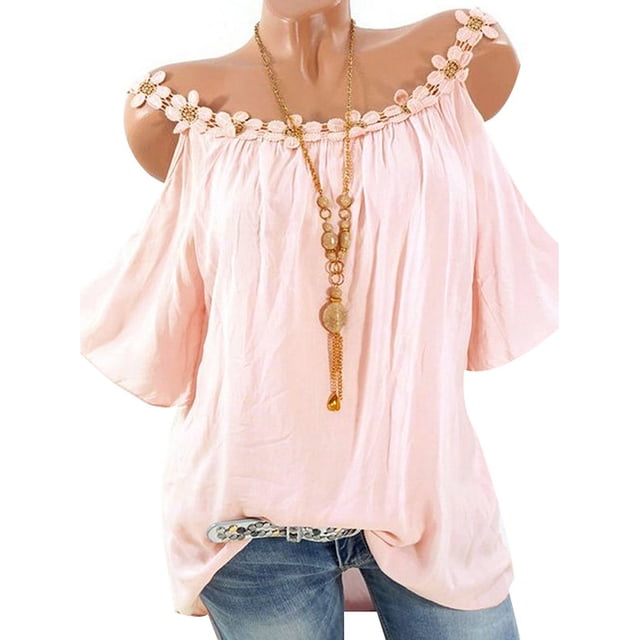 DYMADE Femmes Froid Épaule Dentelle Manches Courtes Sale Couleur Tunique Haut