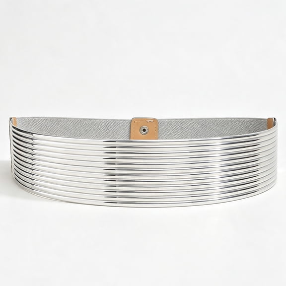 Women Silver Metallic Ribbed Wide Waist Cummerbund, Elastic Stretch Fashion Waist Belt, Snap‑Button Closure, Statement Accessory for Dresses, Gowns and Tunics