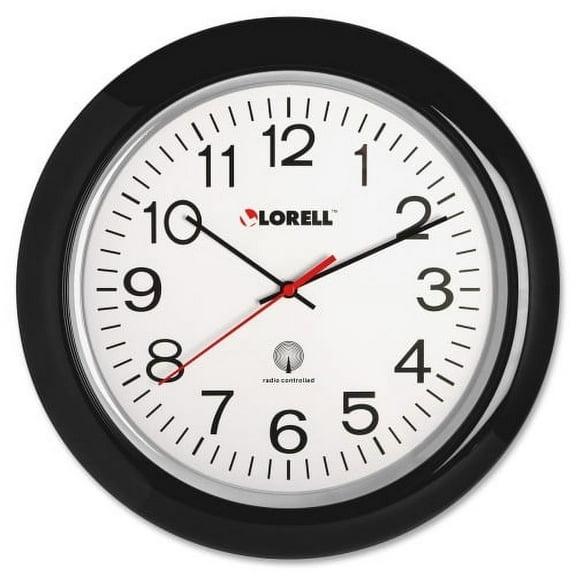 Lorell 13-1/4" Radio Controlled Wall Clock Analog - Quartz - White Main Dial - Black/Plastic Case