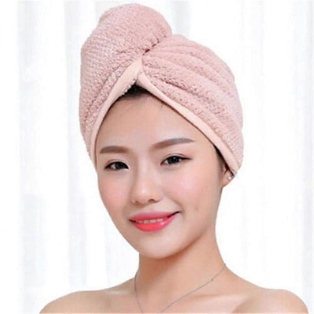 Toalla de microfibra para secar el cabello con botón, rápida absorción, turbante de secado rápido para mujer, color rosa.