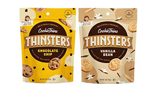 Thinsters Cookie Thins, 2 Flavor Variety Pack, 4 Ounce, Non GMO (Chocolate Chip & Vanilla Bean, Pack of 4)
