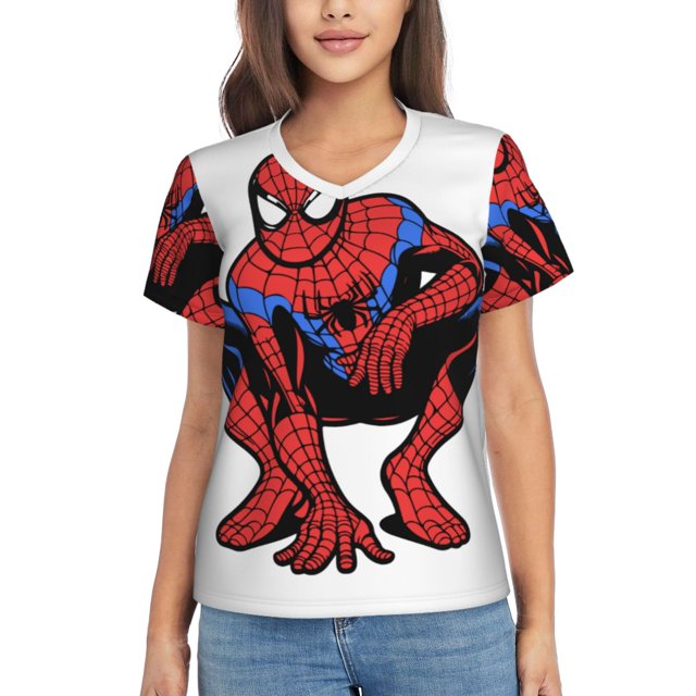 Spider-Man T-Shirt à Manches Courtes Col en V pour Femmes
