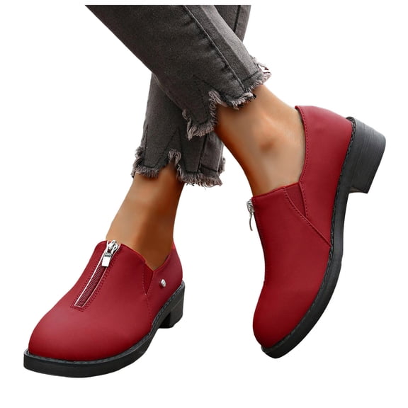 Womens Ankle Boots Low Top Round Toe Leather Front Zipper Chunky Heel Short Booties Casual Elastic Slip on Dress Boots Red Size 6