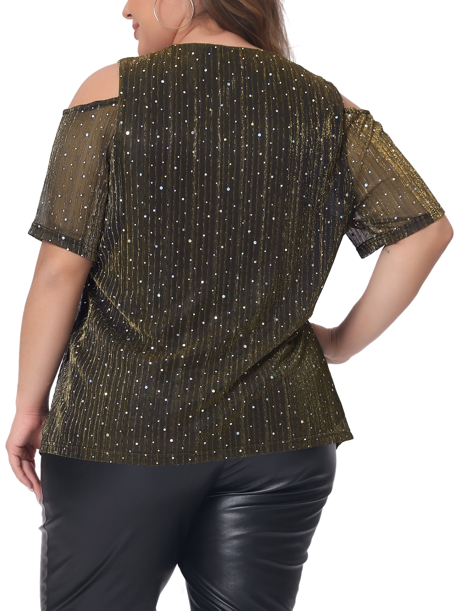 Women's Plus Glitter Sequin Cold Shoulder Short Sleeve Party Blouse 2X Gold