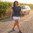 thumbnail image 3 of Blusas de Talla Grande para Mujeres Agnes Orinda, Cuello Redondo, Floral, Cintura con Lazo, Mangas Cortas y Acampanadas, 3X Negro, 3 of 8