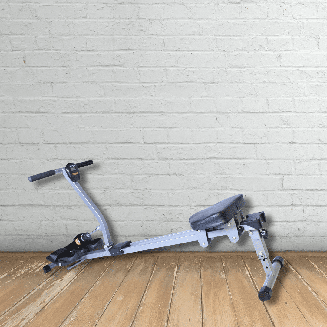 Iron Bar Fitness Foldable Rowing Machine: Ideal for Home Cardio Exercises, featuring a 12-Level Adjustable Hydraulic Resistance System. Comes with a Digital Monitor and a Cushioned Comfort Seat
