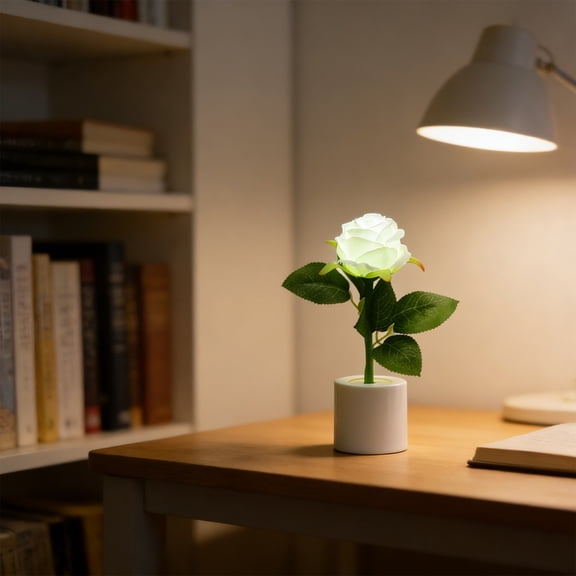 Cinvoph Rose Night Light Mini Flower Pot Lamp LED Ambient Table Lamp Romantic Gift for Women Girls Bedroom Living Room Desk Decor Battery Operated 2"x7" White
