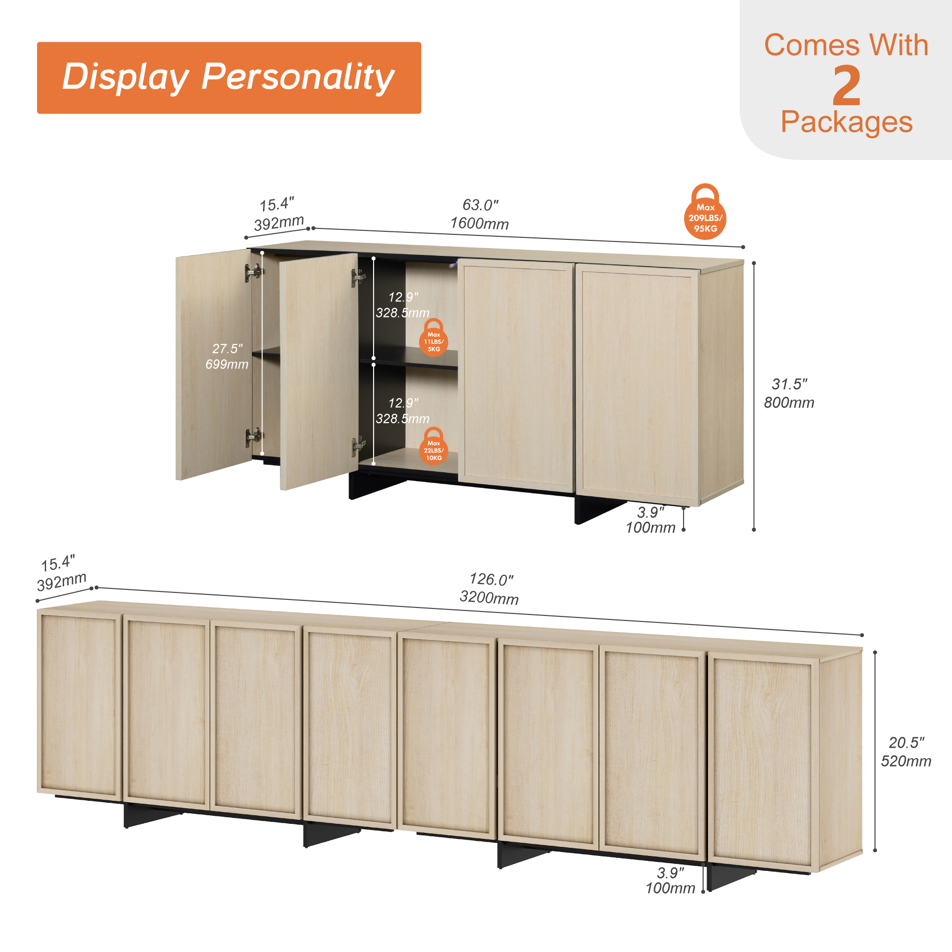 WAMPAT Modern Sideboard Buffet Cabinet with 6 Large Storage Cabinets, Coffee Bar Cabinet with T-Shaped Legs for Living Room and Kitchen, Light Oak