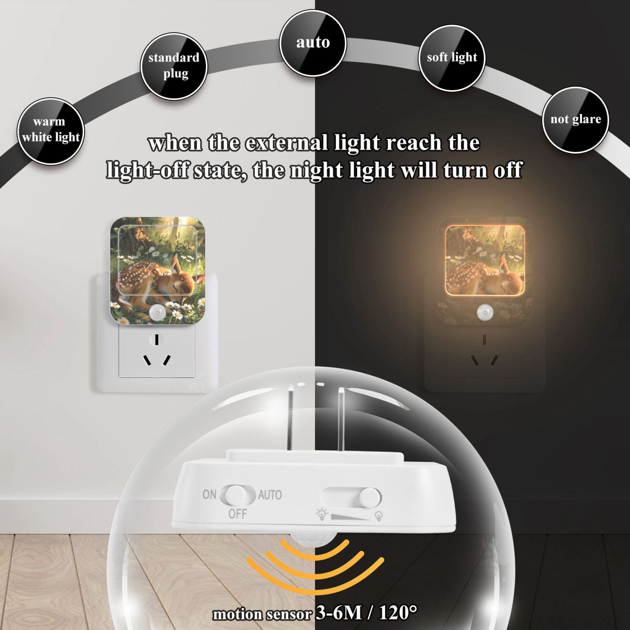 Baby Deer Night Lights Plug into Wall LED with Auto Light Sensor Warm Light for Kids Hallway Bedroom Living Room Kitchen Bathroom Set of 2
