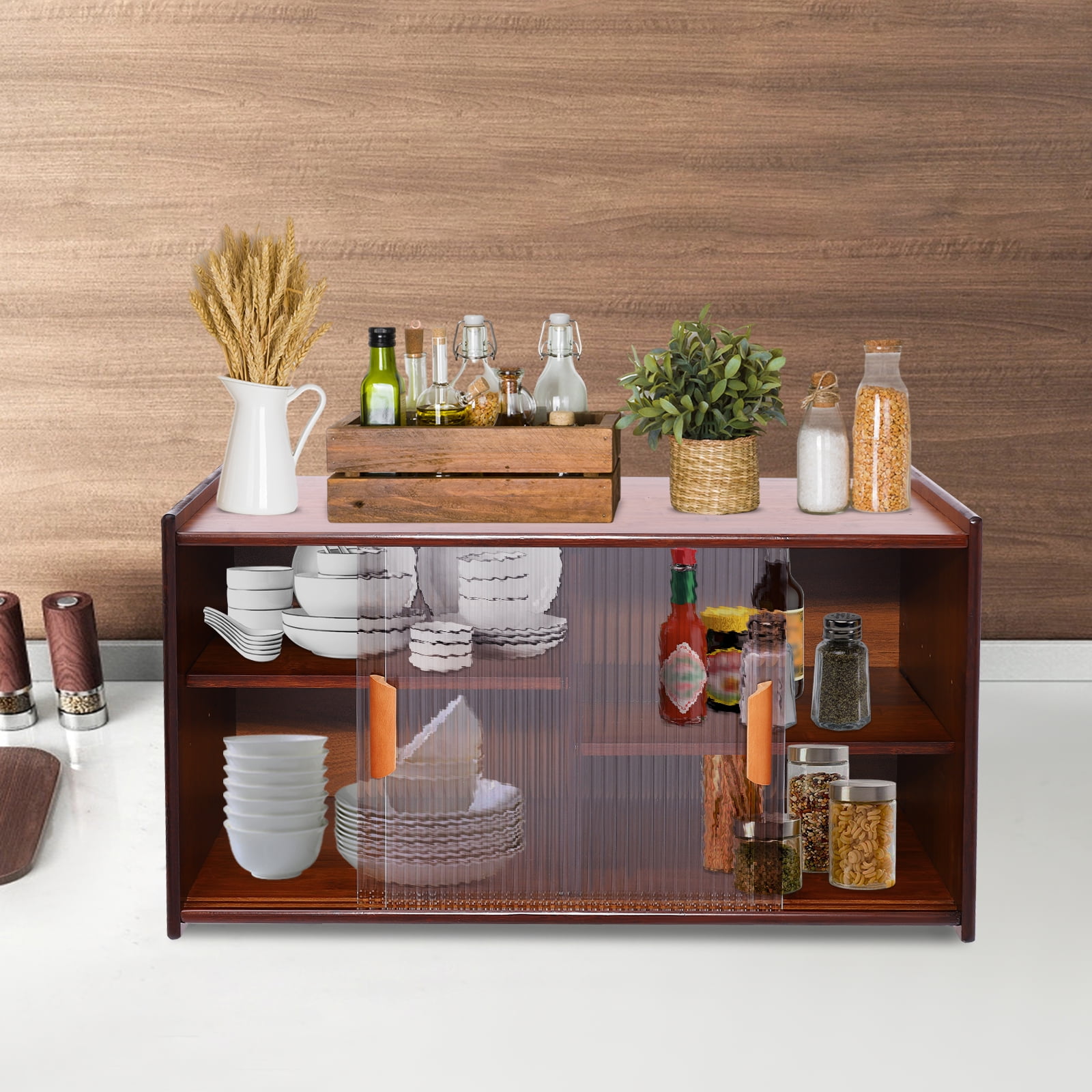 Kitchen Pantry Cabinet, Wall Mounted Bamboo Pantry Sideboard Wood Small 2-Tier Countertop Storage Cabinet with Sliding Glass Door Food & Utensils Cupboard for Dining Room, Home