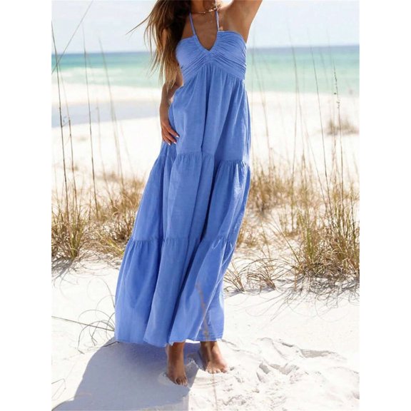 Blue Women Summer Halter Neck Boho Beach Maxi Dress Casual V Neck Ruffle Tiered Backless Long Dress