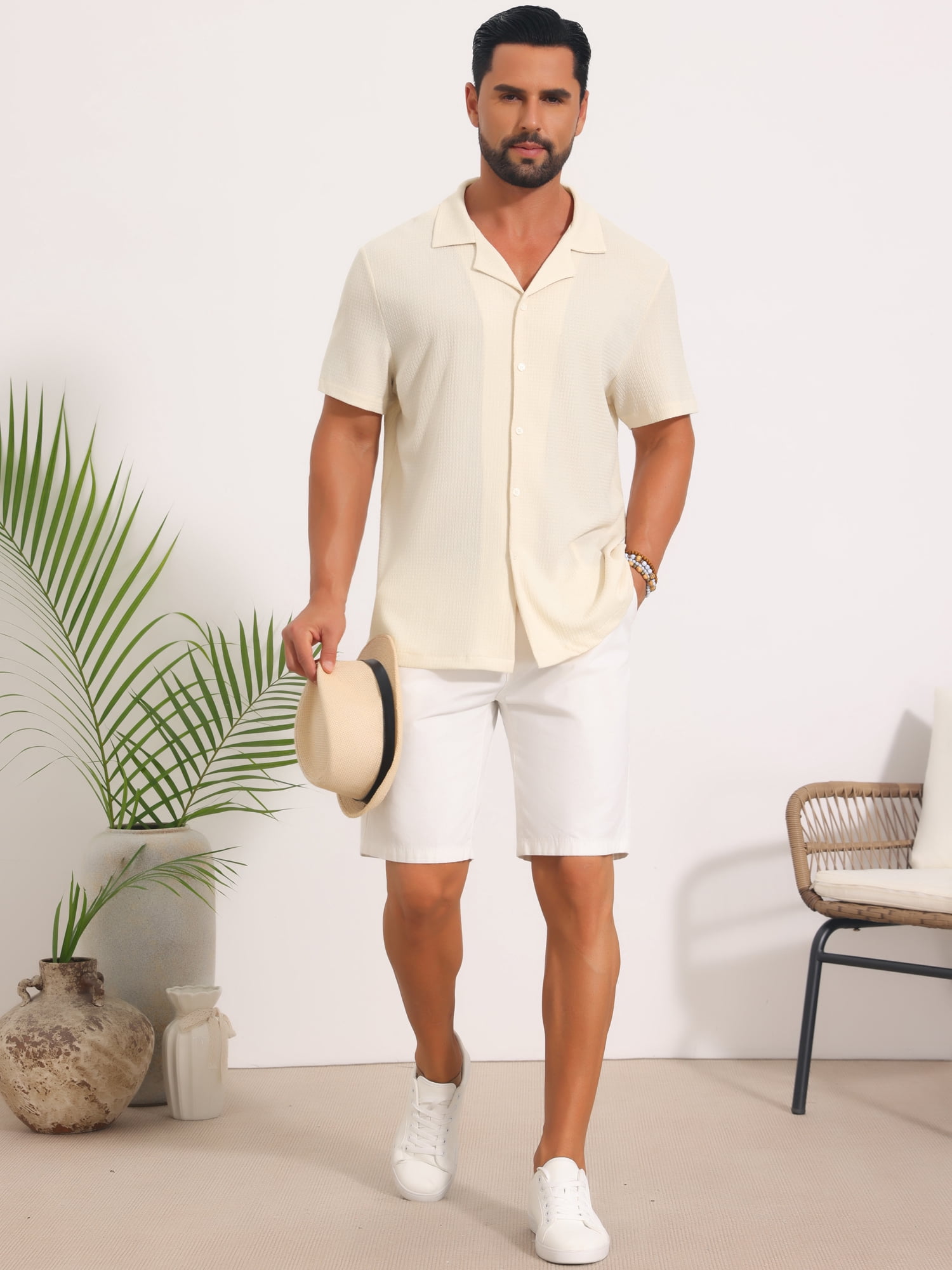 DARING DIVA Men's Mesh Camp Collar Short Sleeve Button Down Shirt for Summer 2XL Beige