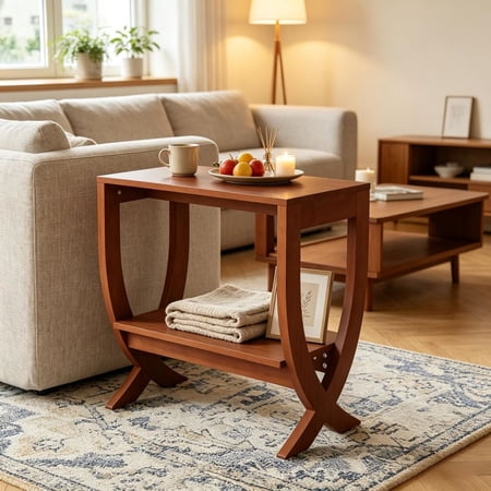 LANKANG Walnut Finish Modern Curved Leg 2-Tier End Table Compact 2 Layer Open Storage Side Table for Bedroom Living Room Small Spaces