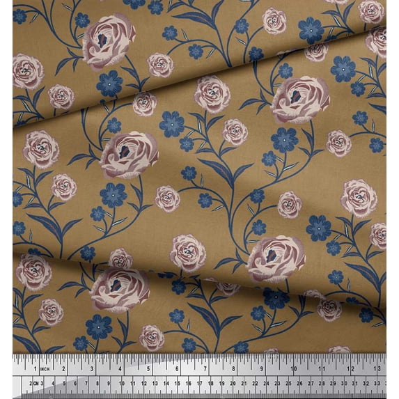 Soimoi Cotton Duck Fabric Leaves & Rose Floral Print Fabric by the Yard 42 Inch Wide