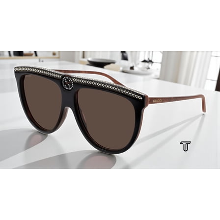 GUCCI GG0732S 005 Aviator Acetate Black Shiny Brown 61 mm Women's Sunglasses